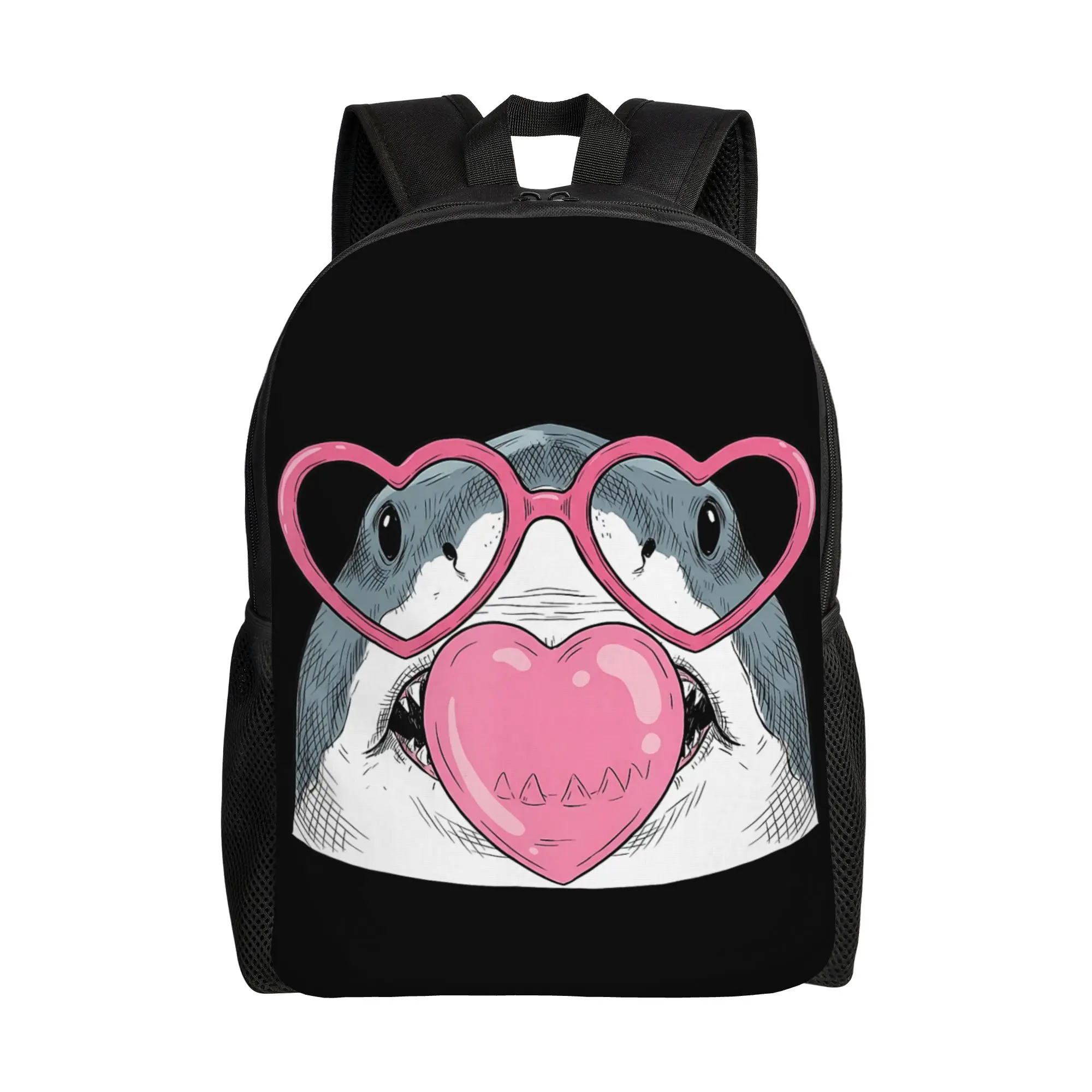 Cute Shark Blowing Pink Valentine Heart Bubble Gum Backpack  Outdoor Style Backpacks Student Unisex High Quality School Bags