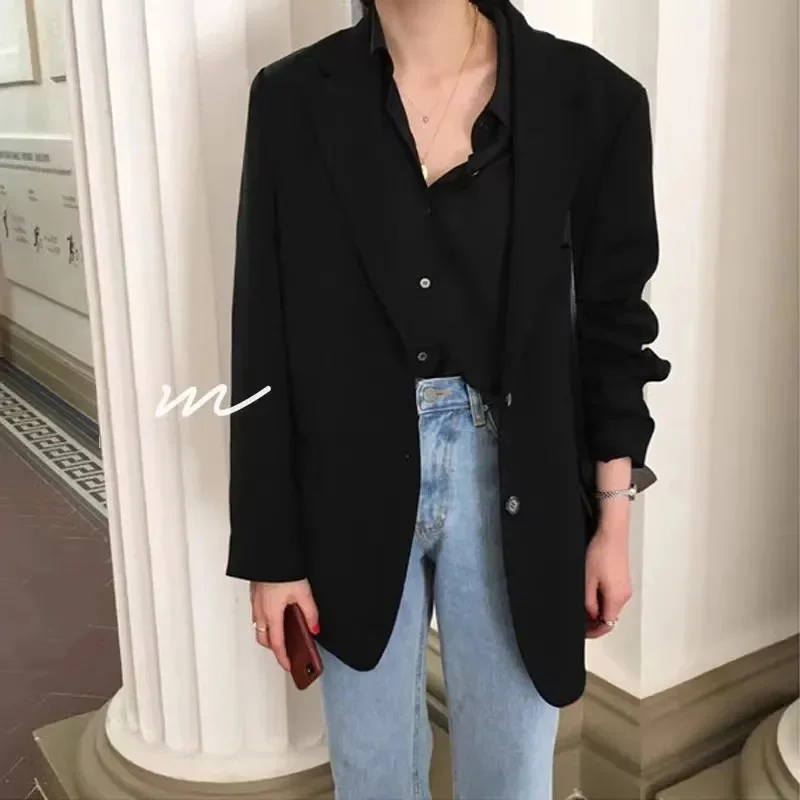 

Black Blazers for Women Fashion Streetwear Single-Breasted Small Suit Jacket Casual Loose Long Sleeve Outerwear