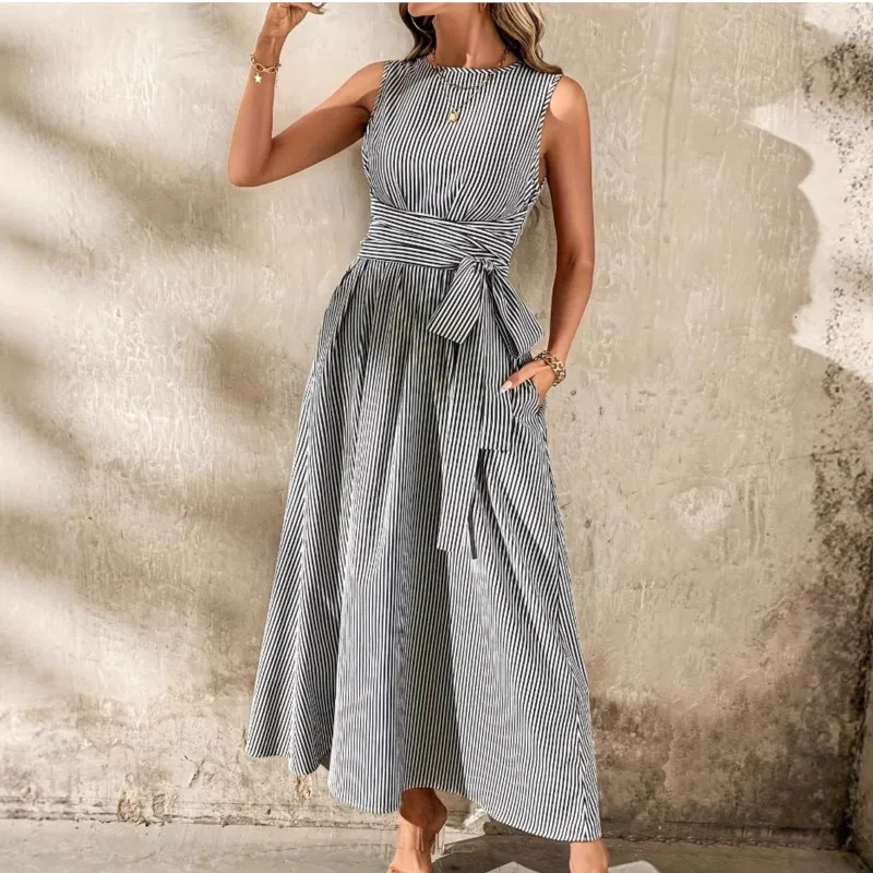 2026 New Summer Dress Striped Cuff Free Pocket Strap Elegant Fashionable And Comfortable Waist Collection Banquet Style Vestidos