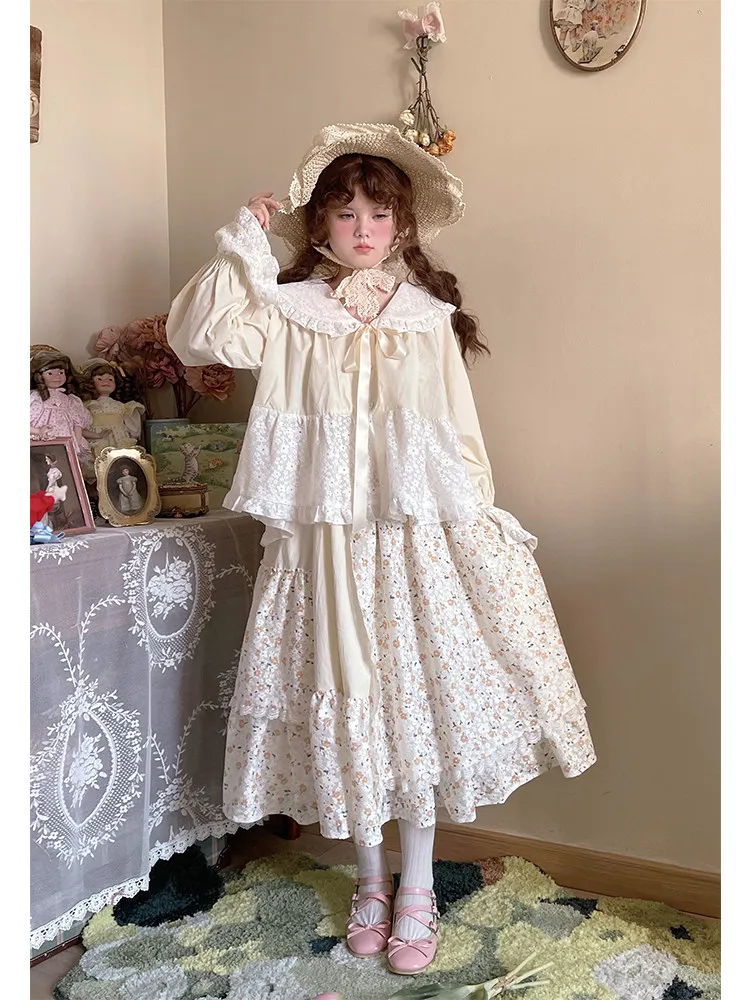 Sweet Lolita Patchwork Floral Skirt Sweetheart Girl Elastic Waist A-Line Long Skirt Kawaii Cottagecore Floral Skirt Lace Skirts