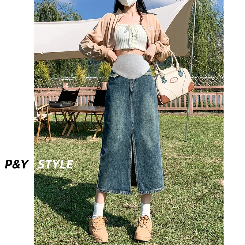 

Tassel Splits Denim Maternity Skirts Spring Summer Casual Pencil Skirts Clothes for Pregnant Women Pregnancy Straight Daily Wear