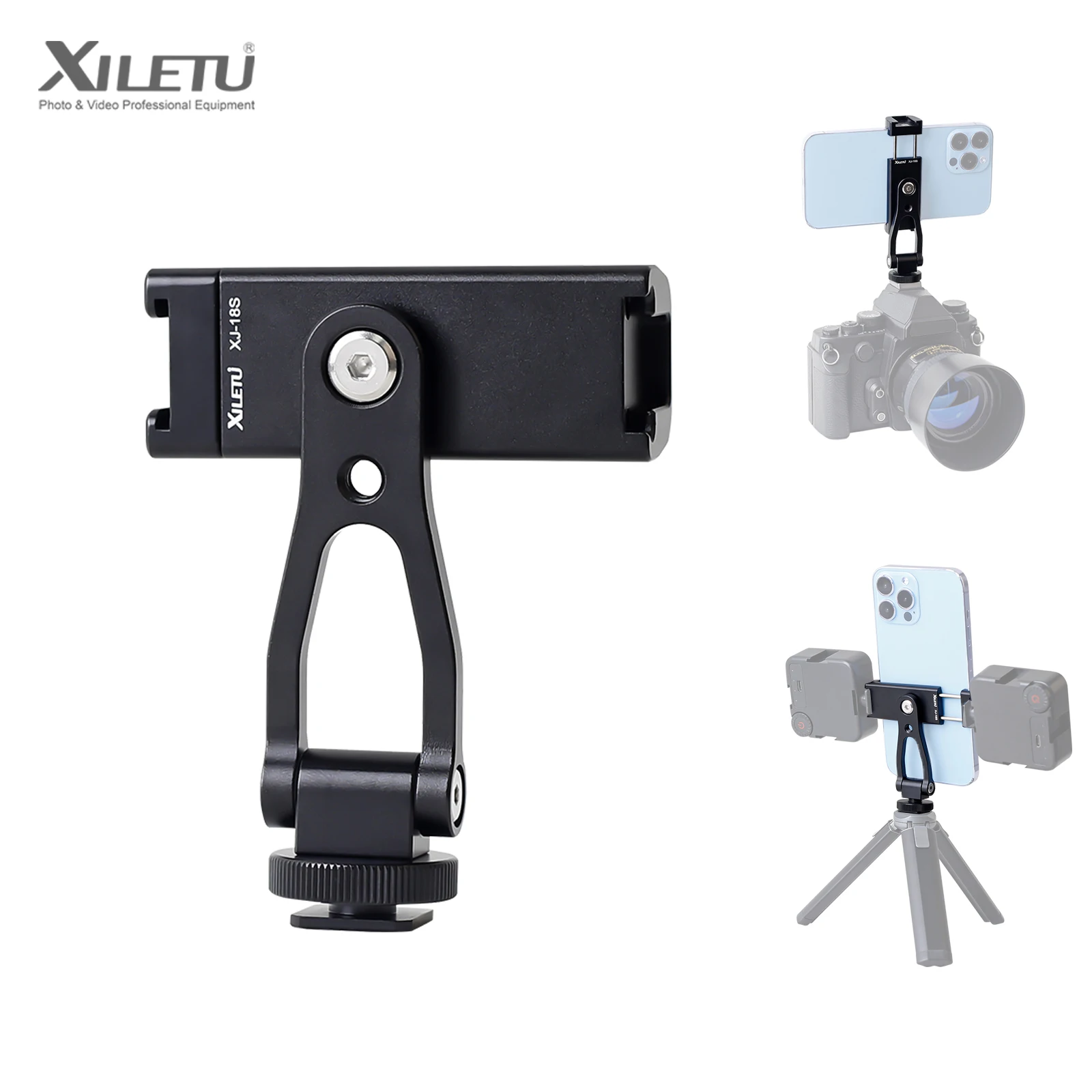 XILETU-Metal Giratória Suporte Do Telefone Móvel, Boca Sapato Frio, Micro Câmeras SLR, Hot Shoe Co-Screen Monitor, Clipe Do Telefone Móvel, XJ18S