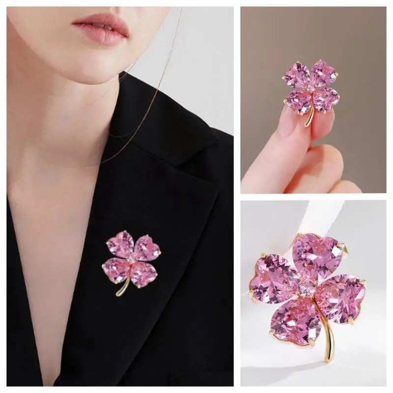 Women's Delicate Pink Four Leaf Clover Brooch, Fashionable Lapel Pins and a Perfect Touch to Wedding Apparel