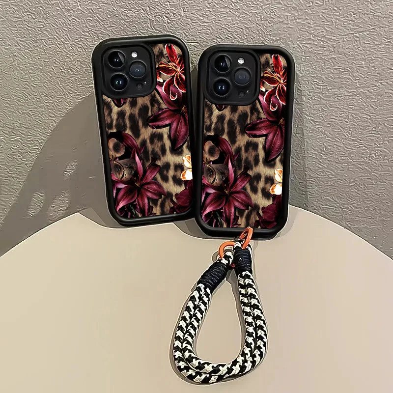 Lily Leopardenmuster Handyhülle mit Trageriemen für iPhone 12 13 14 15 16 17 ProMax 15 14 13 Pro Plus Stoßfeste Matte Silikonhülle – Detail 4