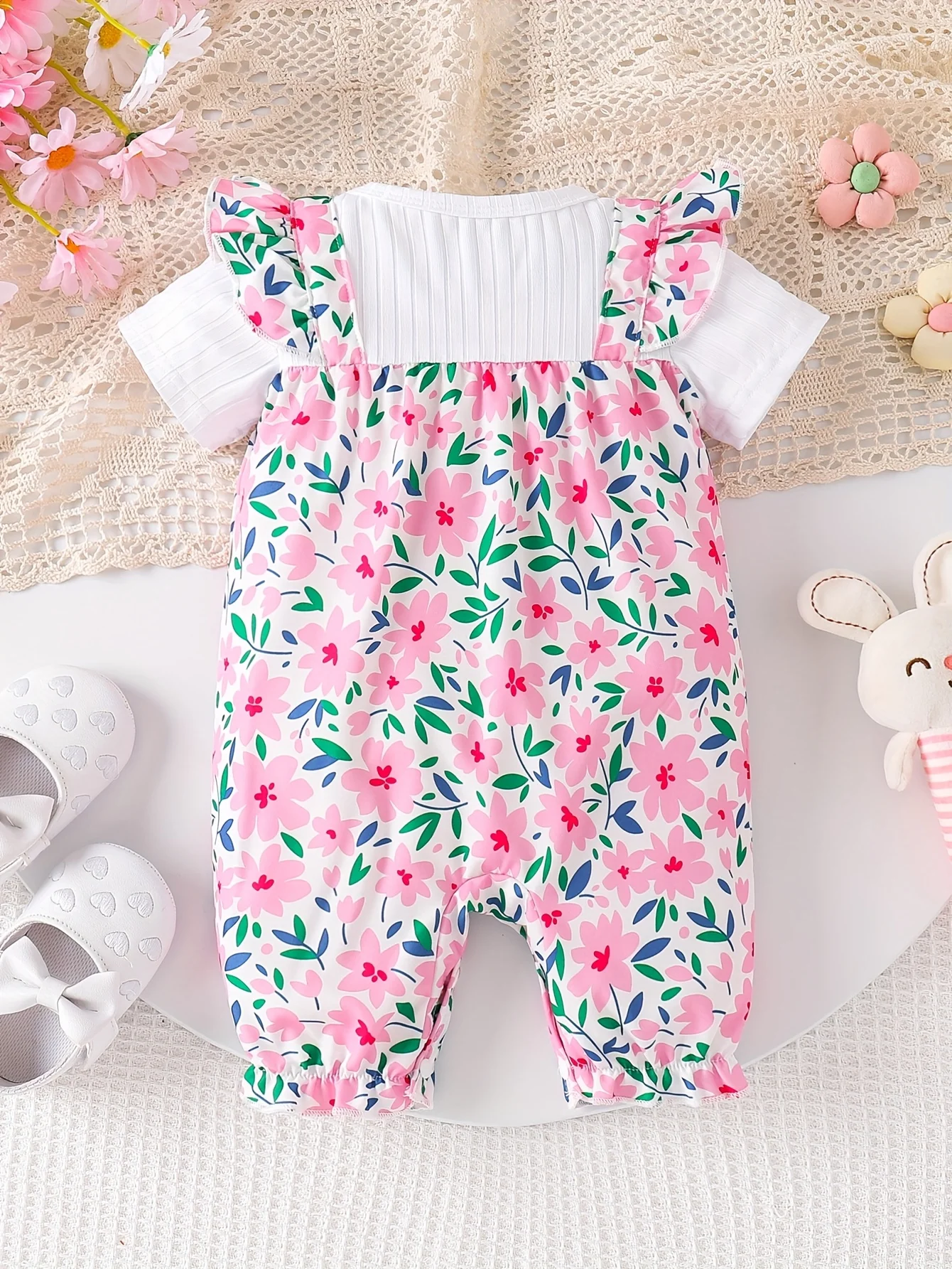 Milk Silk Floral Ruffle Princess Jumpsuit with Cute Floral Digital Print Pattern and Floral Appliqué, Short-Sleeve Regular Jumpsuit