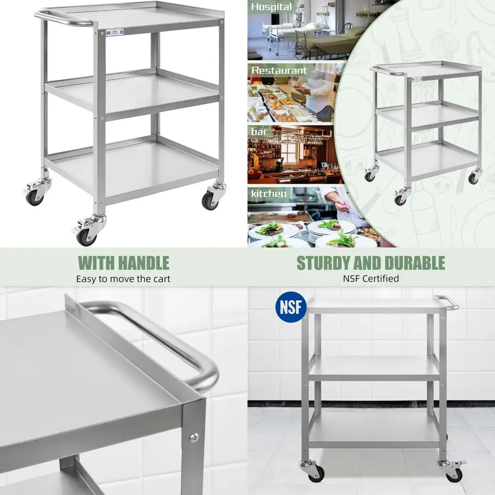 عربة أدوات من الفولاذ المقاوم للصدأ ذات 3 طبقات شديدة التحمل معتمدة من NSF مع خدمة وعجلات متنقلة للطعام #1