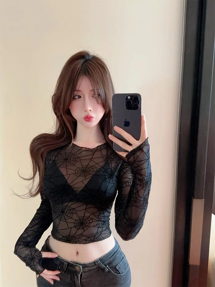 여성용 스파이더 메쉬 원사 크롭탑, 긴팔 탑, 섹시한 블랙 요정 그런지 옷, 투명 클럽 스트리트웨어 티셔츠, 여름 Y2k