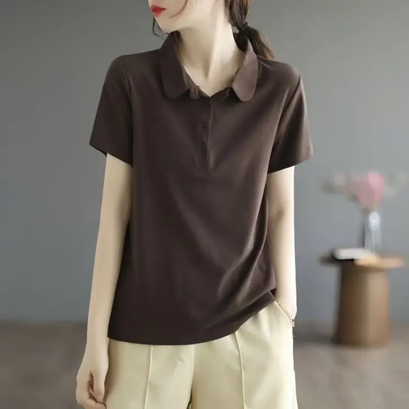 2023 Summer New Pullover Female Clothing Fashion Solid Polo Loose Short Sleeve Cotton Tee T-shirt Women's Casual Vintage Tops