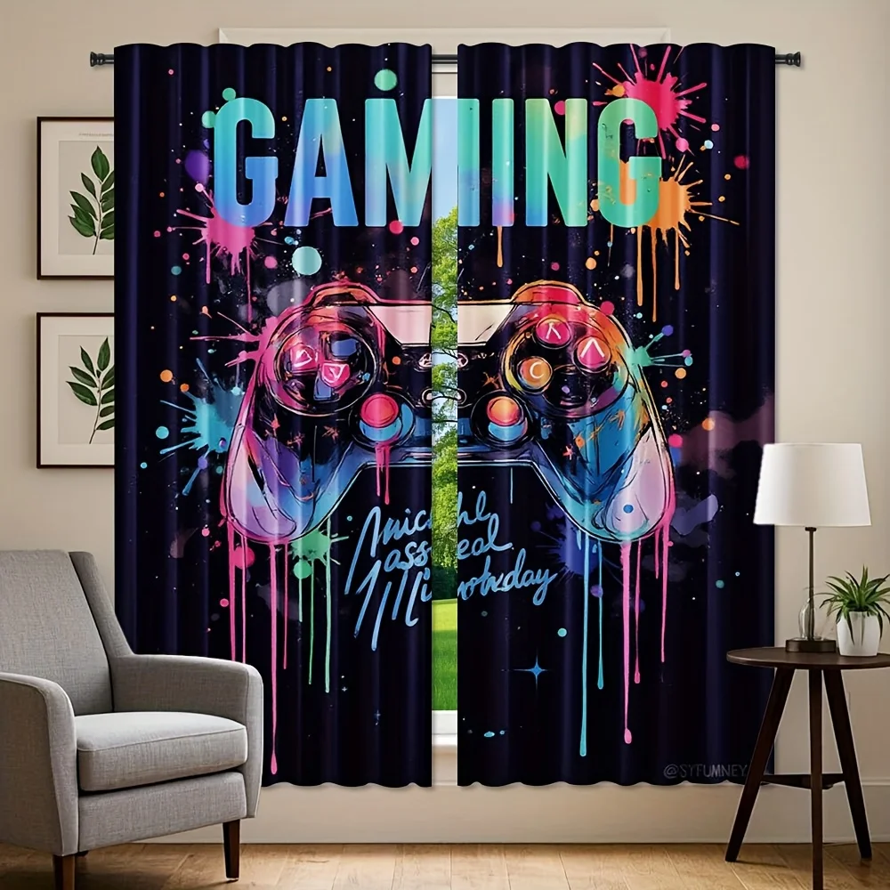 Gaming Controller Curtains, Neon Graffiti Gamepad Window Drapes, Boys Room Decor, Blackout Fabric for Gamer Bedroom Setup
