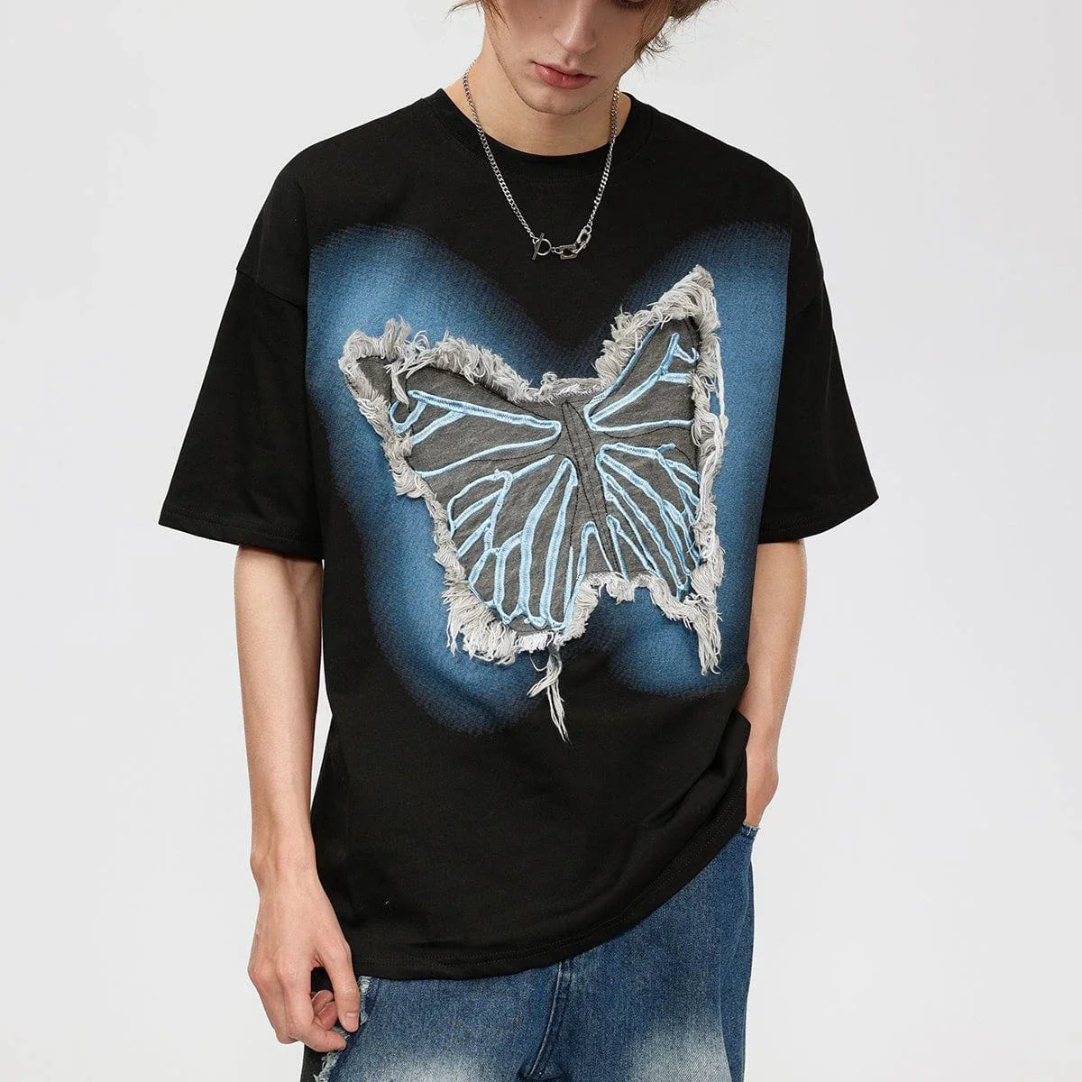 Aelfric Eden Butterfly Tassel Patch Tee Mens T-shirts Hip Hop Streetwear Harajuku Butterfly Graphic Cotton Tops