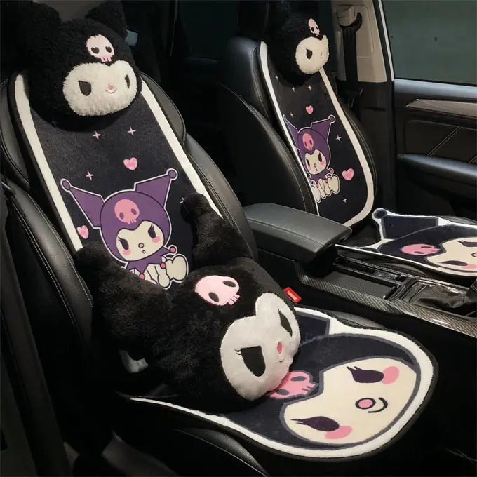 Sanrio Kuromi Cartoon Car Seat Cushion Pillow Steering Wheel Cover Kawaii Auto Supplies Kawaii Car Interior Accessories Gifts