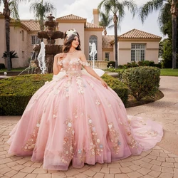 Pink Sweetheart Quinceanera Dresses Ball Gown For Sweet Girls Applique 3DFlowers Vestidos De XV Años Beads Birthday Prom Dress