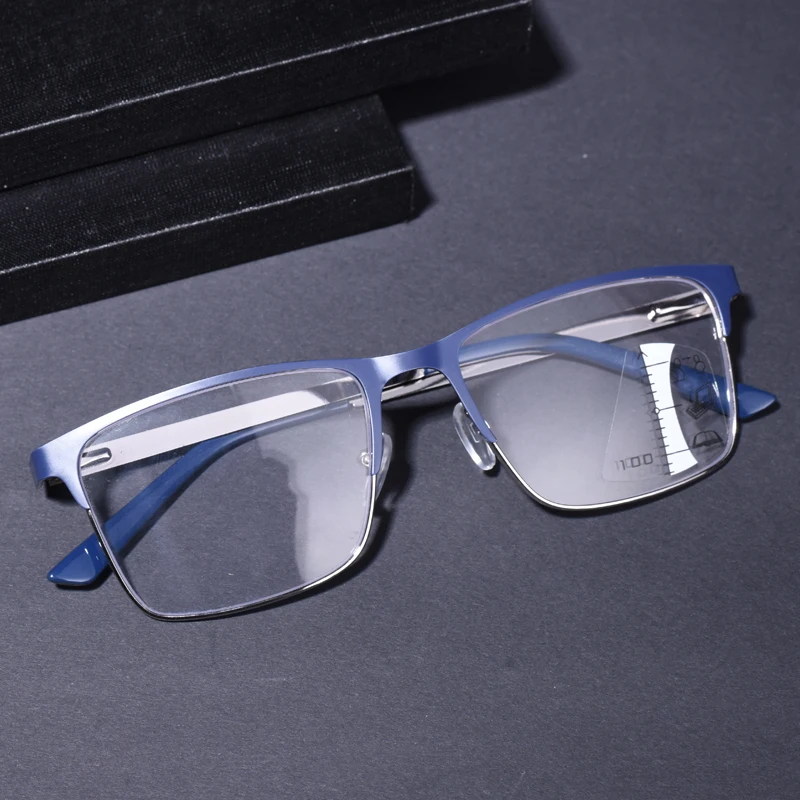 Doppelfarbige, blau getönte, progressive, multifokale Lesebrille für Männer, Federscharnierbeine, Frauen, Anti-Blaulicht-Presbyopie +125