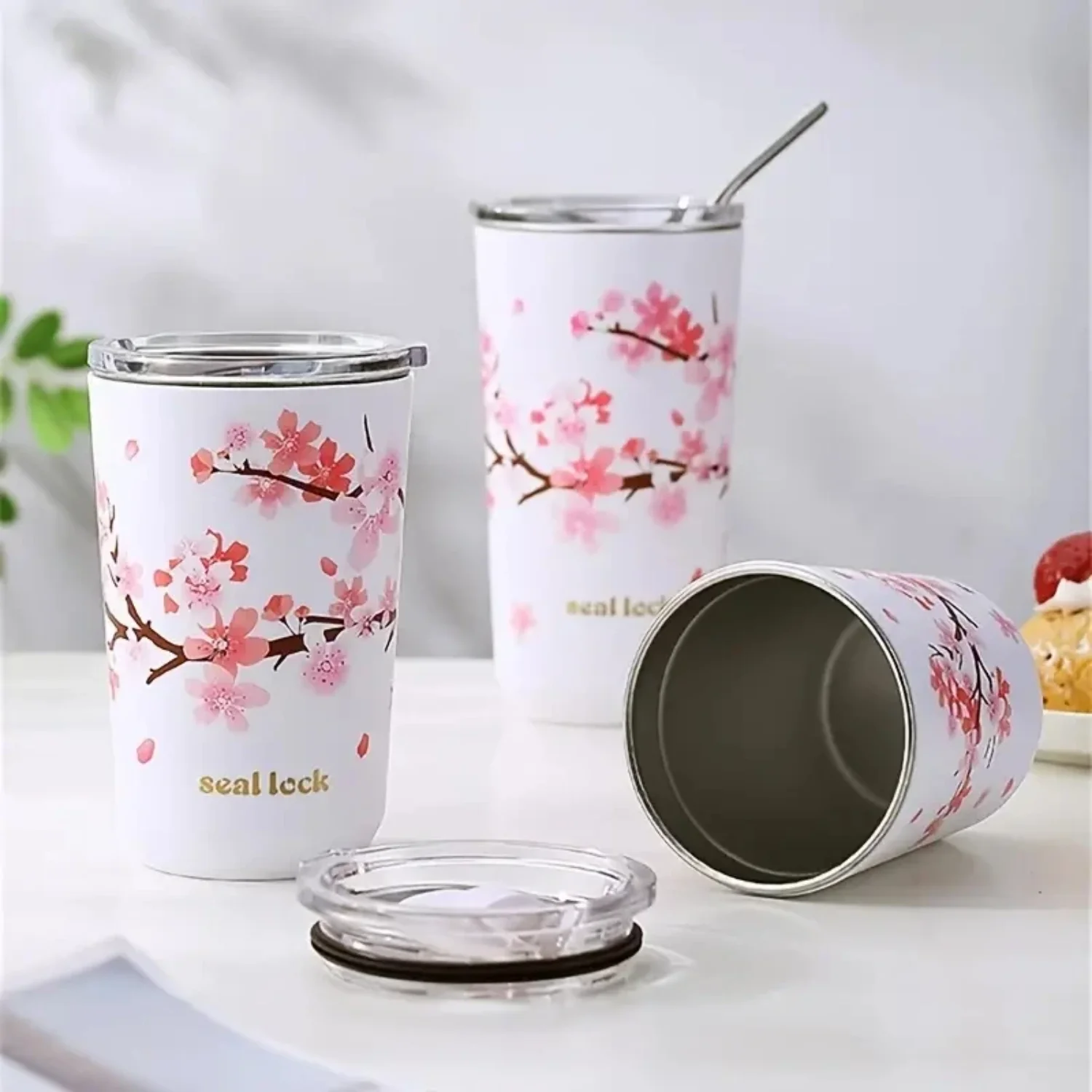 

1pc 304 Stainless Steel Ins Hands-on Cup Straw High-value Girls Milk Tea Coffee Cup Anti-fall Water Bottle Water Cup Cherry Blos