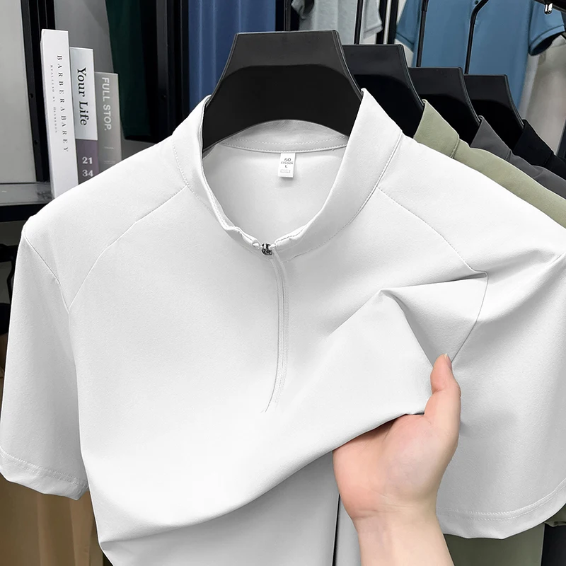 2026 Summer New Style Men's Fashion Notched Collar Half-Zip Shirt Short Sleeve Top