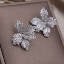 Gold plated South Korea New Design Fashion Jewelry Leaf Flower Full Zircon Earrings Luxury Women's Evening Accessories