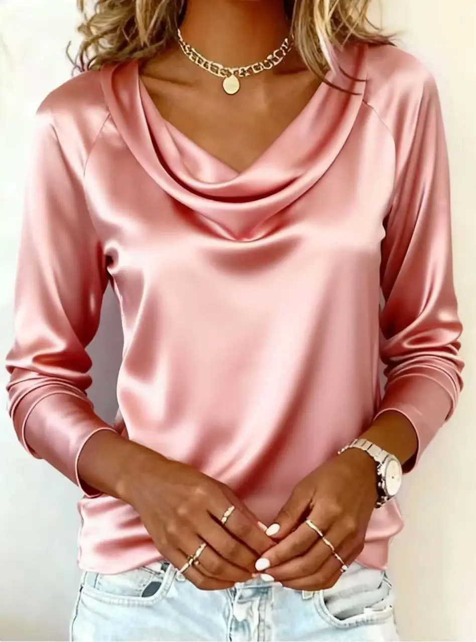  Women - Luxurious Draping Long Sleeve Silk-Like Top Chic Everyday & Office Wear
