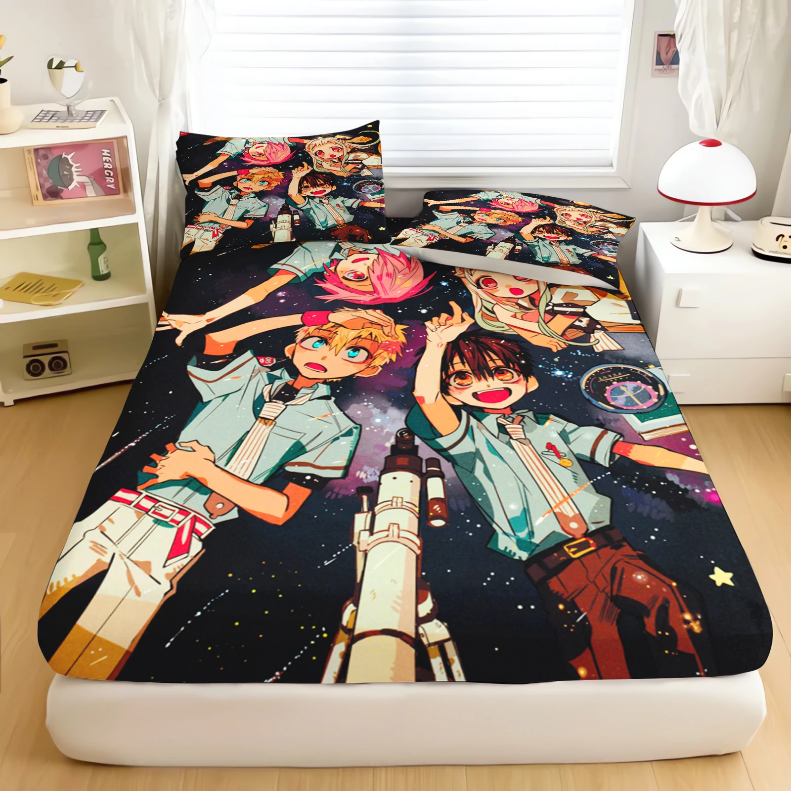 3pcs Couple Toilet-Bound Hanako kun Printing Fitted Sheet Set (1 Fitted Sheet + 1/2 Pillowcases,No Pillow) For Home And Dorm