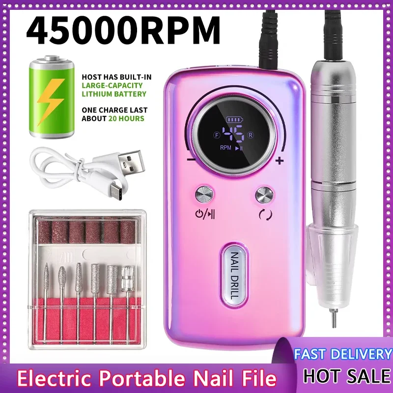 

45000RPM Nail Drill Machine Electric Portable Nail File Rechargeable Nail Sander for Gel Nails Polishing For Home Manicure Salon
