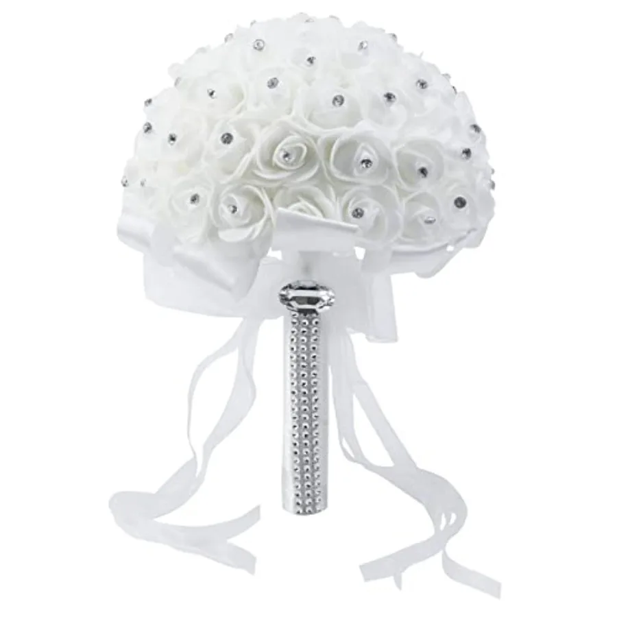 

7.5inches White Rhinestone Ribbon Bridal Wedding Bouquet 1Pcs Handmade Artificial Silk Holding Flowers for Wedding