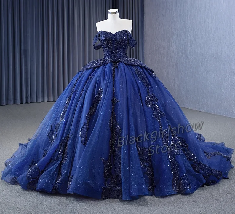 Vestido De novia brillante con volantes y apliques De cristal, traje elegante De lujo con funda azul para quinceañera, 15 años, 2024