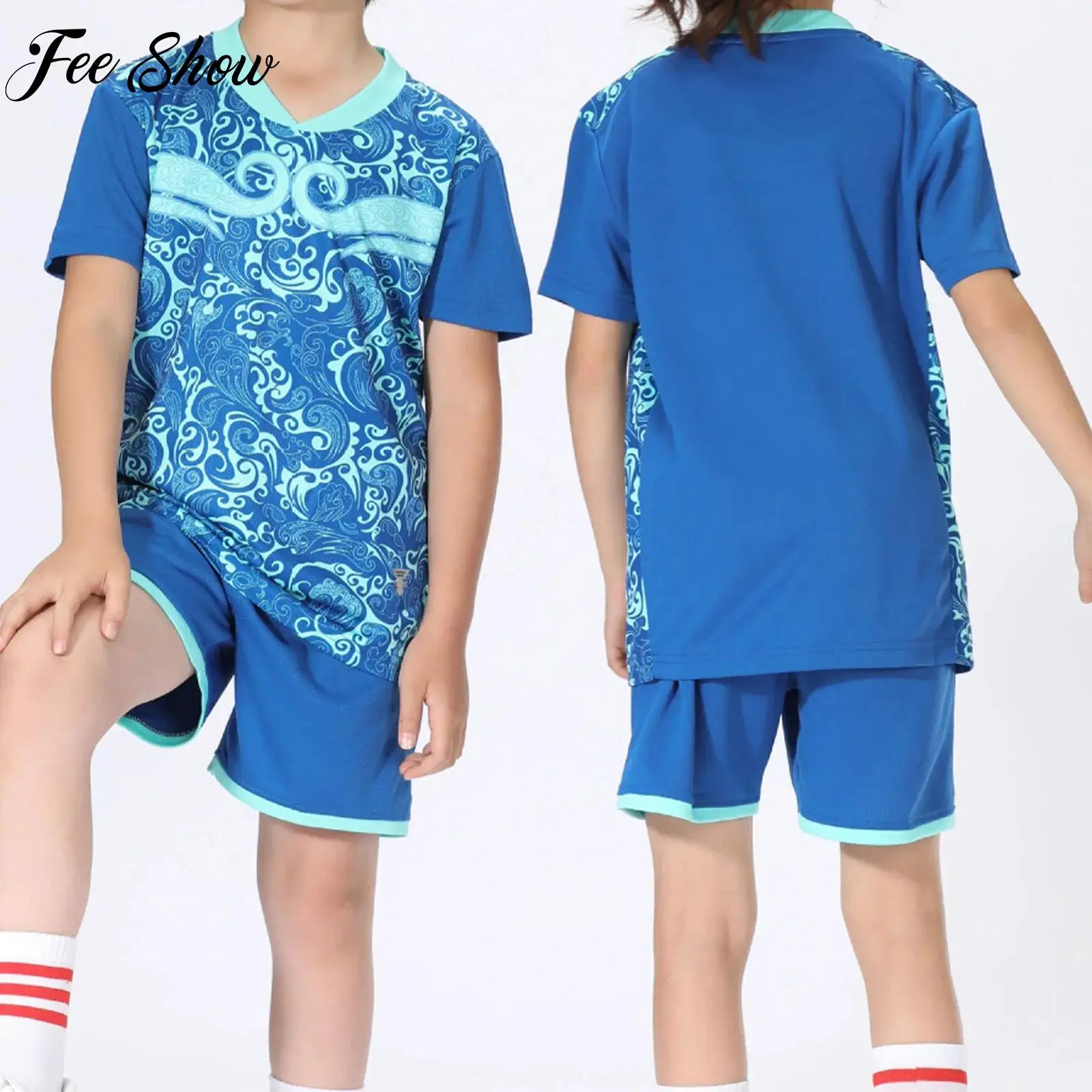 

2 Pcs Summer Children's Quick-Drying Sports Set Boys Girls Soccer Training Outfit Short Sleeve Stylish Print T-shirt with Shorts