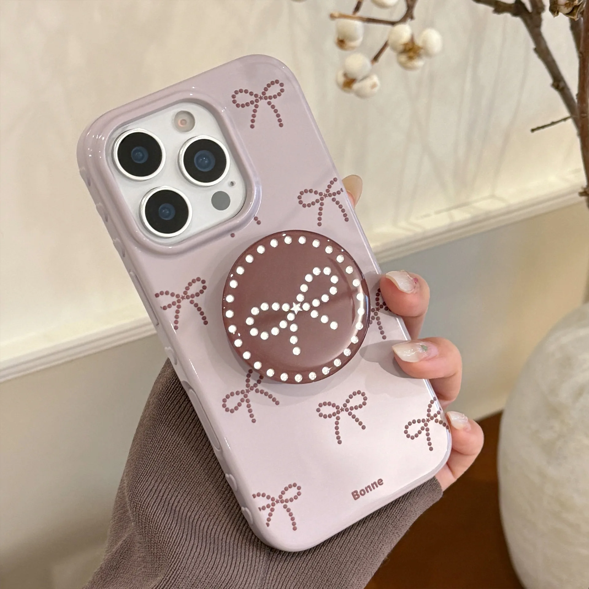 Korean Purple Brown Bowknot Pattern Bracket Phone Case for iPhone 17 16 15 14 13 12 Pro Max Shockproof Protective Soft Cover