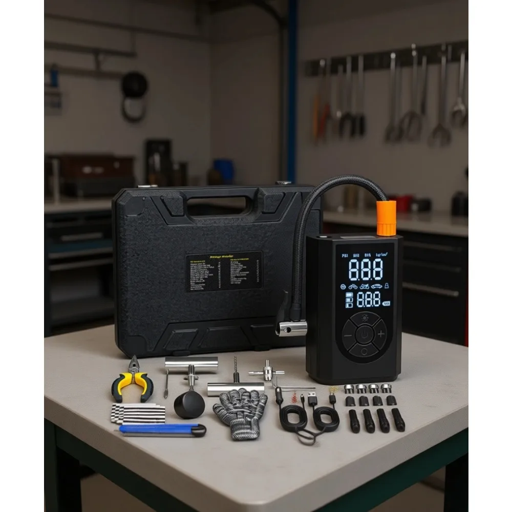 

Портативный набор для ремонта и подкачки шин 150 PSI для автомобилей, мотоциклов, тракторов, грузовиков, 58 предметов