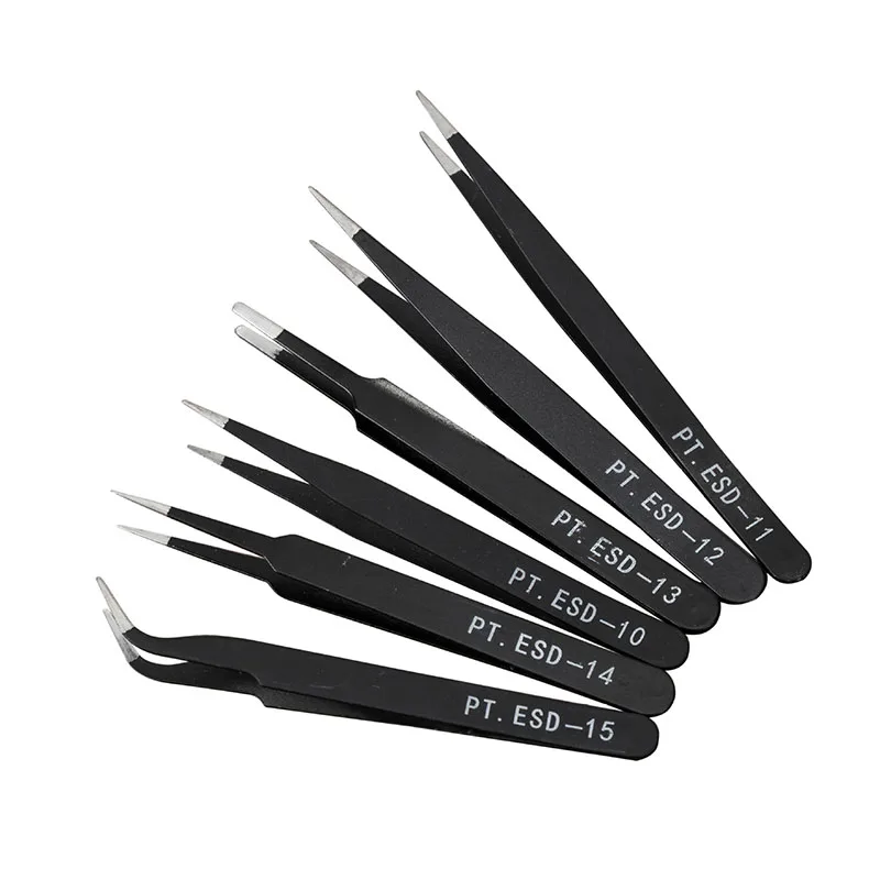 6pcs/set Black 1mm Professional Steel Eyelash Tweezers with Yellow PVC Bag