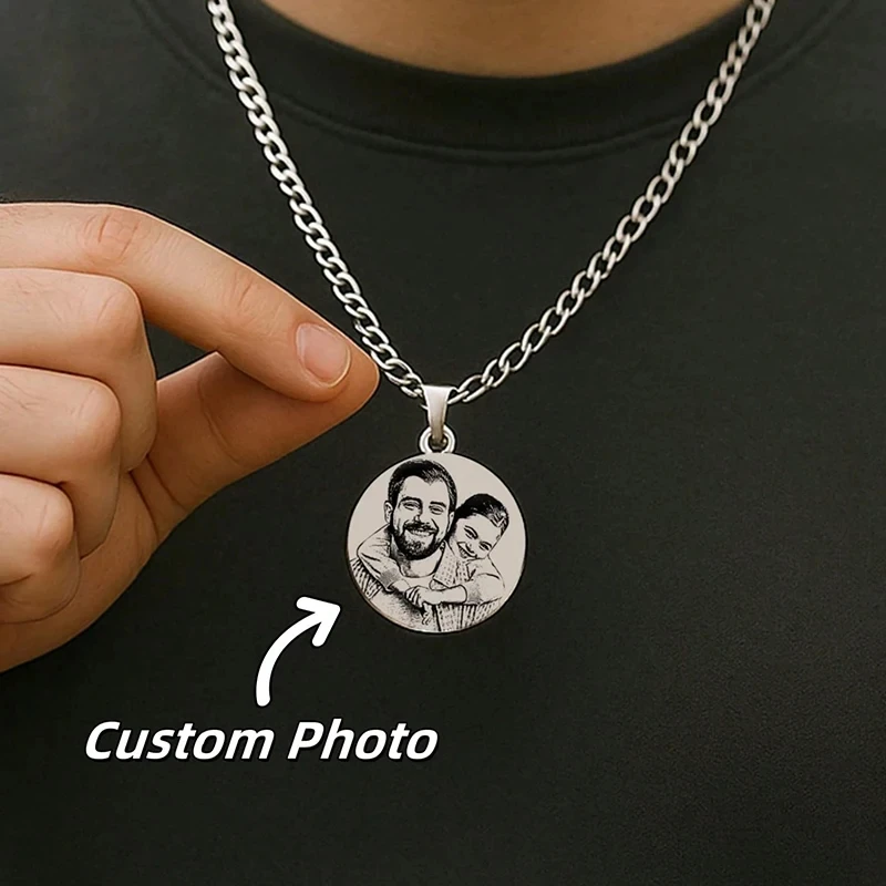 Cuban Link Chain Circle Pendant Custom Photo Image Necklace Woman Man Stainless Steel Photo Tag Personalized Necklace Jewelry