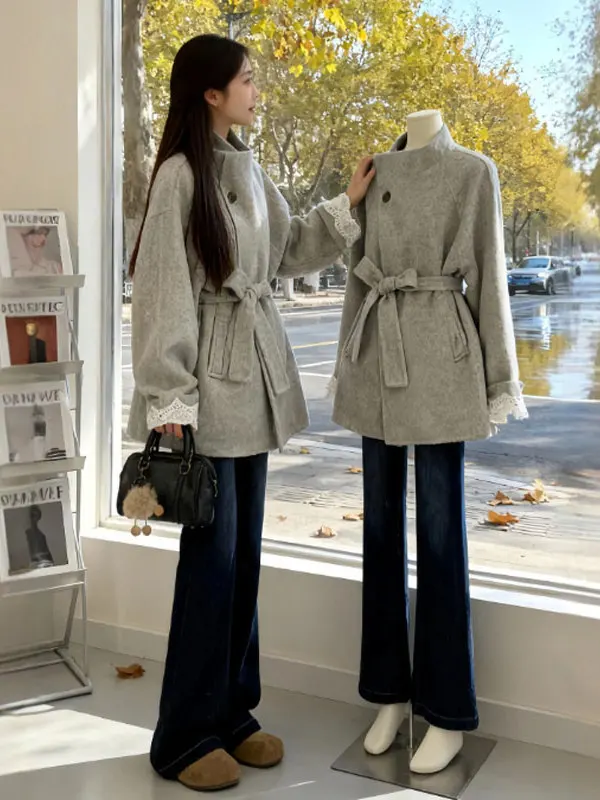 

Korean Sle Ele Plaid Coat Women's Faionable Waist-Cinching Coat Long Sve Button up Stand Collar Pure Color Autumn ...