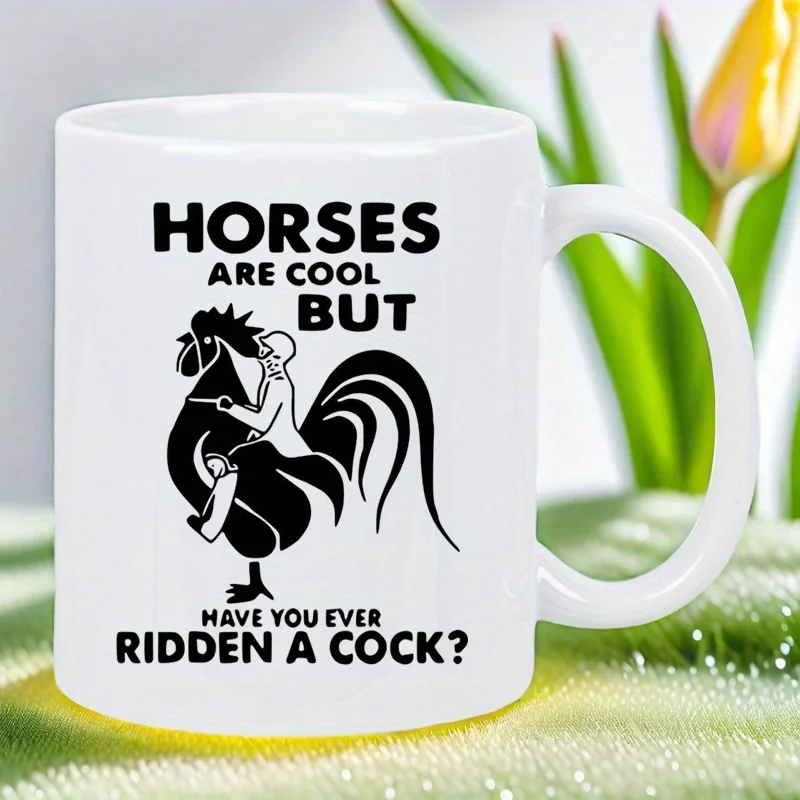 Funny Horse vs Rooster Novelty Coffee Mug - Ceramic White Mug with Humorous 