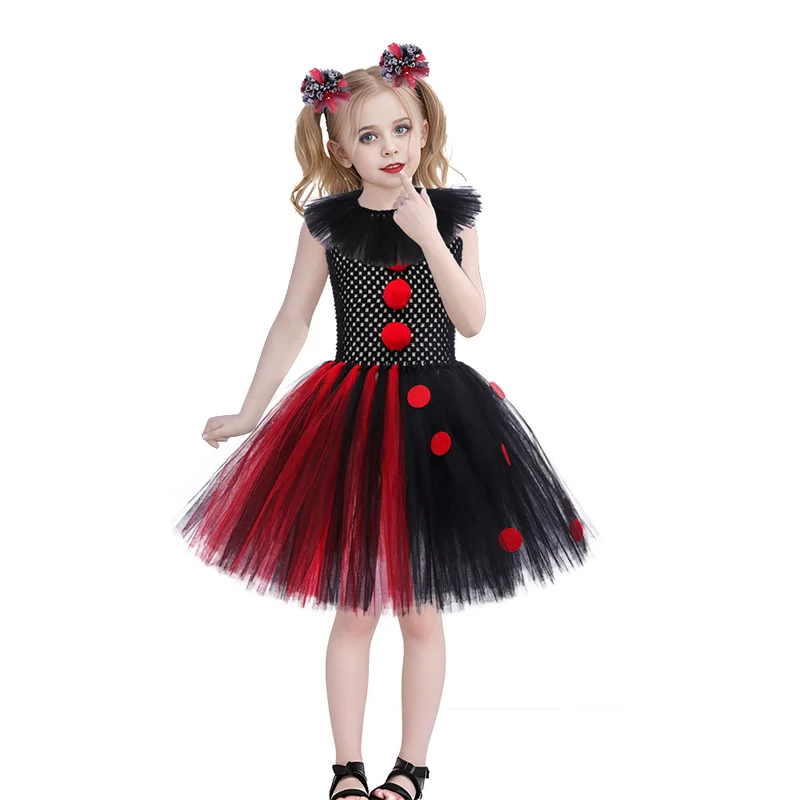 Halloween Girls' Role Play Dresses Children's Red Hairball Clown Dresses Kids Pleated Polka Dot Pom Pom Dresses 3-12 Years  345