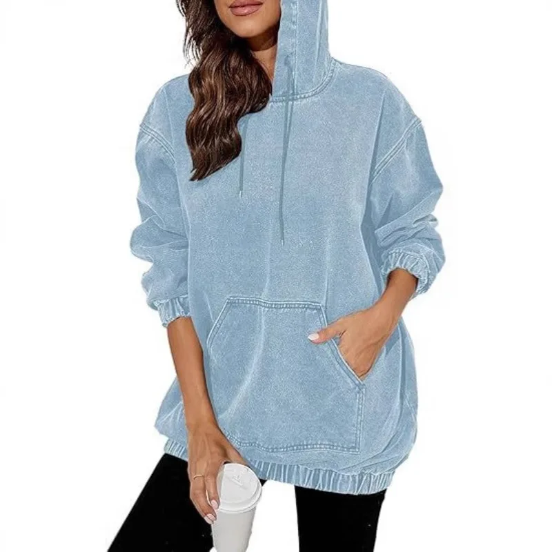 Autumn Winter Loose Fit Denim Women Hoodie Sweatshirt  Washed Out Jacket Retro Style Cotton Women's Casual Streetwear