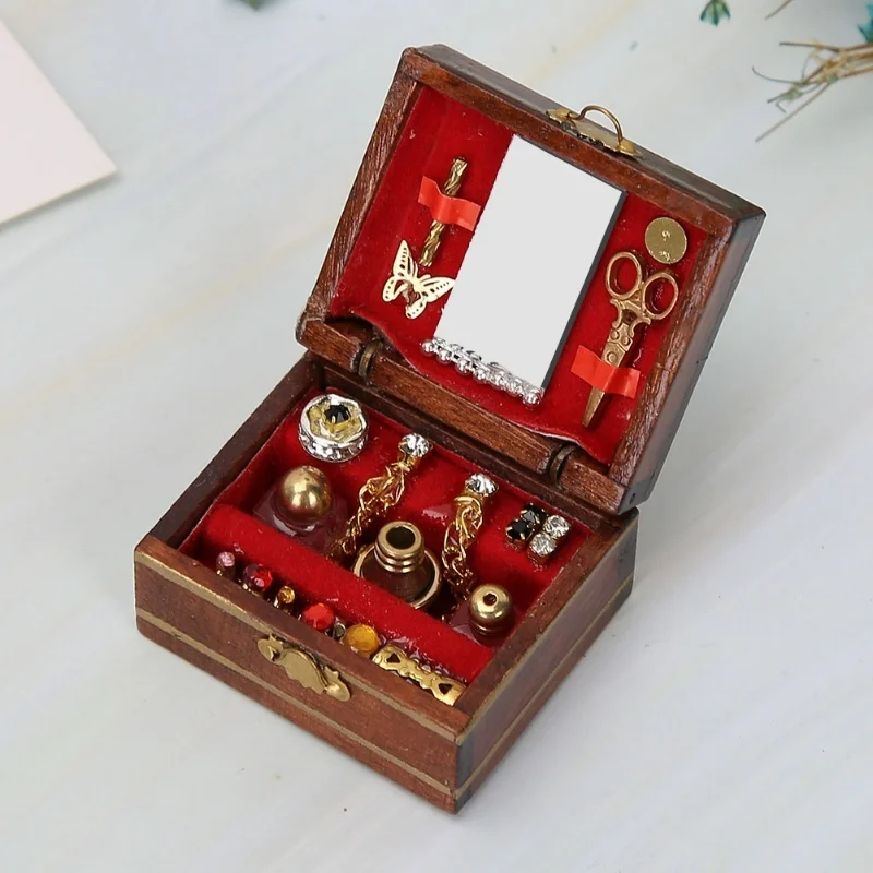 

Миниатюрная деревянная шкатулка для драгоценностей, модель украшений для 1/12, аксессуары для кукольного дома