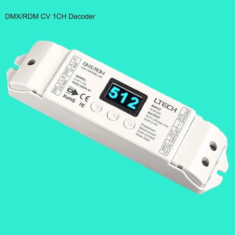

LTECH DMX CV Constant Voltage Decoder DC12-24V 12A OLED Display DMX512 Slave Green Terminal Port 0-10V 10V PWM Signal Converter