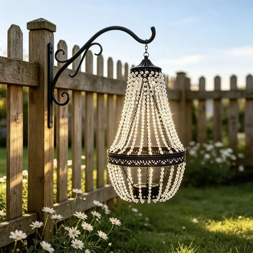 Waterproof Solar Hanging Lantern Crystal Acrylic Cool White Outdoor Pendant Light Simulated Bead Accents IP44 Garden Solar Light