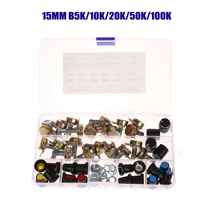 

20PCS/Box WH148 15MM Single Potentiometer Kit B5K/10K/20K/50K/100K With Knobs Set With Nut