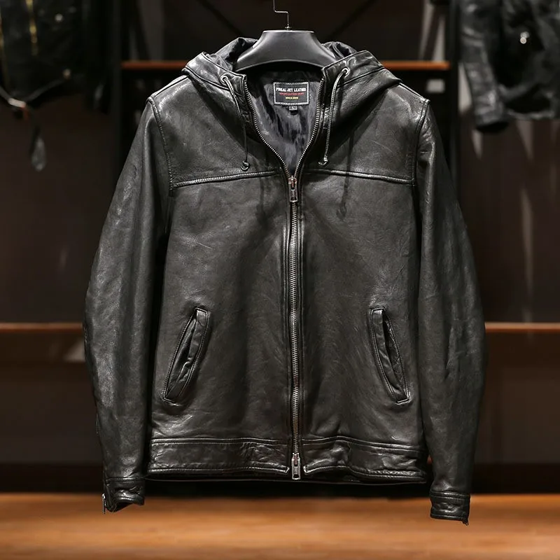 Straight-pull hooded casual leather sweatshirt for men fashionable and sporty heavy-wash fully vegetable-tanned