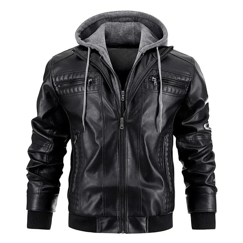 

Men's PU Leather Jacket Hooded Motorcycle Slim Fit Casual Coats Men Autumn Winter Windproof Hat Detachable Biker Leather Outwear