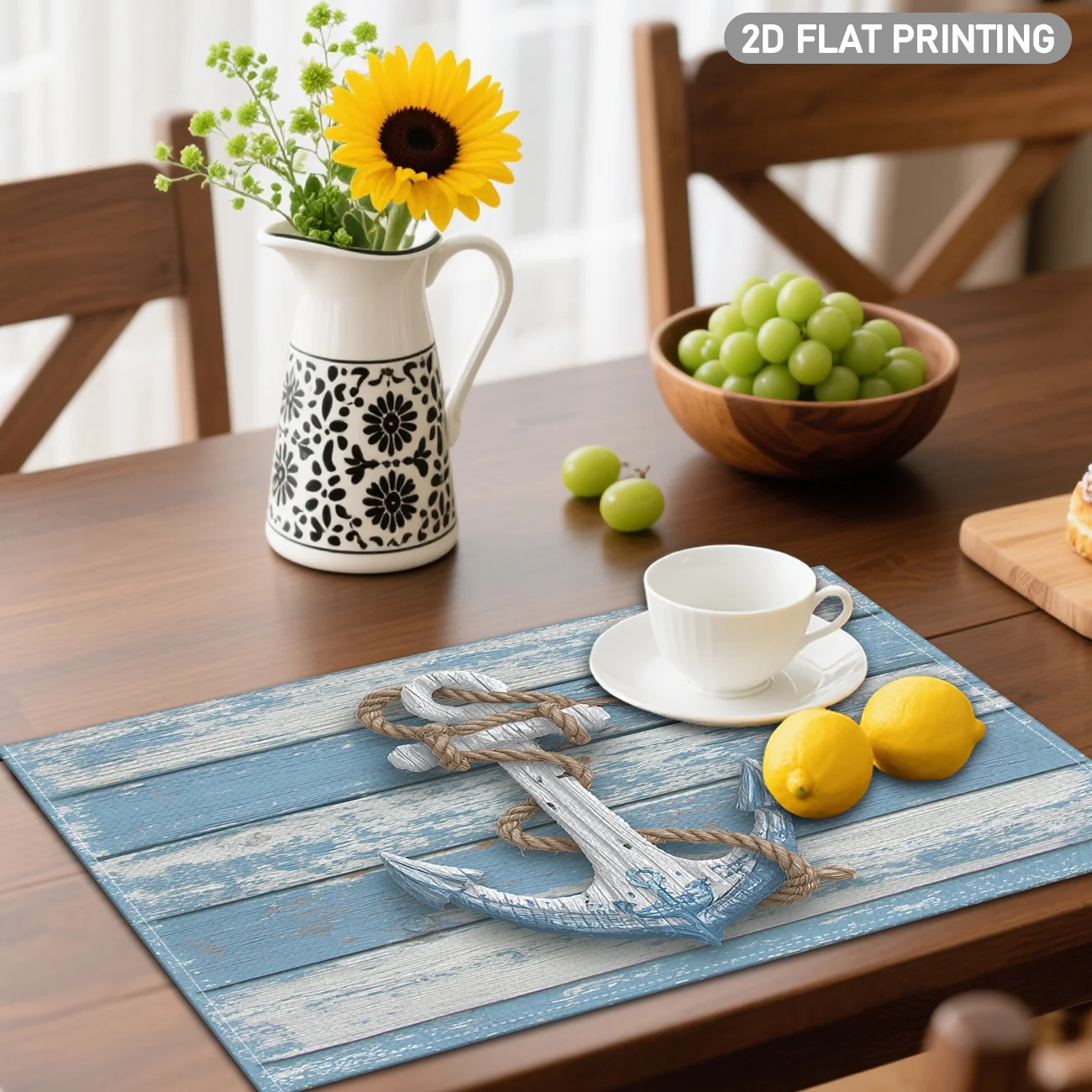 4pcs Blue Wood‑Grain Anchor Placemat Set, Nautical Rope Print, Washable 2D Mats for Daily Kitchen Dining Restaurant Table Decor