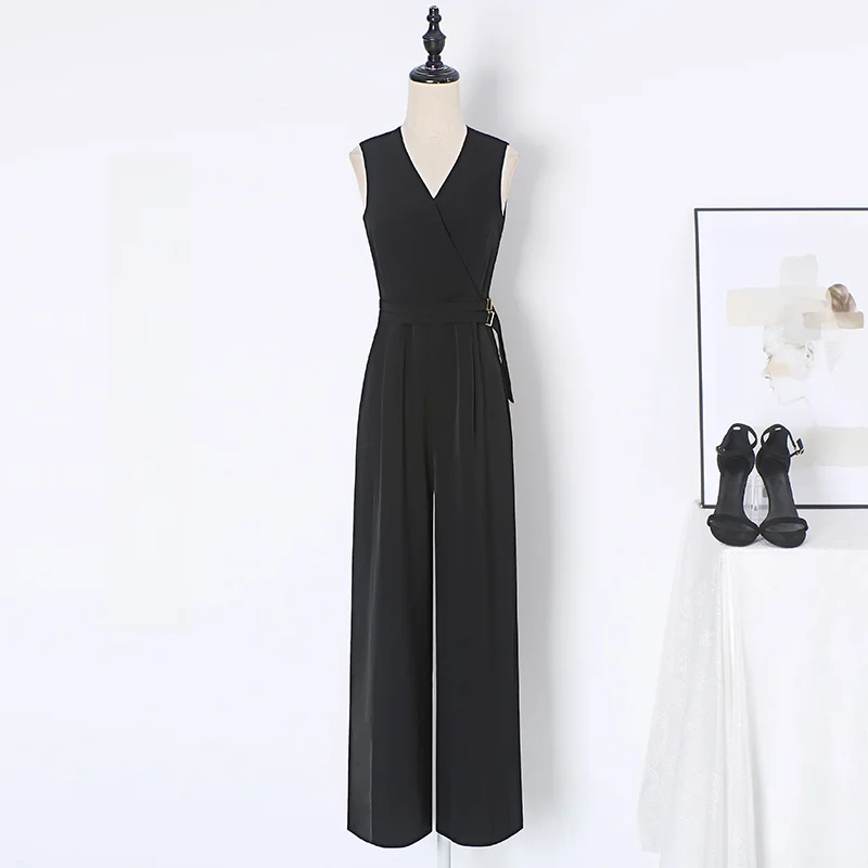 Bla Chiffon Wide Leg Pants Women's Summer High Waist Belted Jumpsuit Slimming Ele Sle Faionable Commute Wear