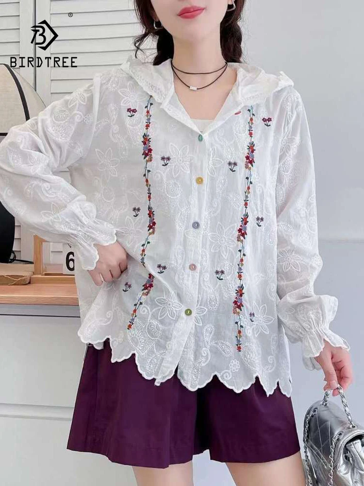 

Новая женская хлопковая рубашка с капюшоном на весну 2026 года, с длинным рукавом, цветочной вышивкой, в стиле Mori Girl Japan Preppy, свободная блузка T63351CC