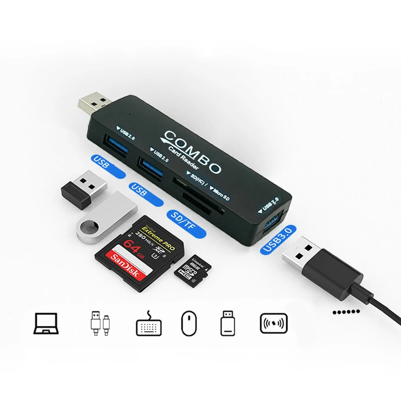 

USB3.0 2.0 HUB 5 Port Cable Splitter USB Disk Micro SD TF Memory Card Reader Data Expansion Dock Combo Phone Charger Adapter