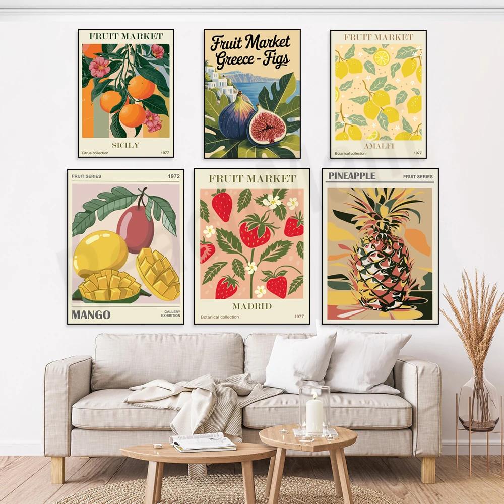 Retro fruit market posters featuring botanical art of peaches, strawberries, mangoes, pineapples, lemons, figs, and beaches.