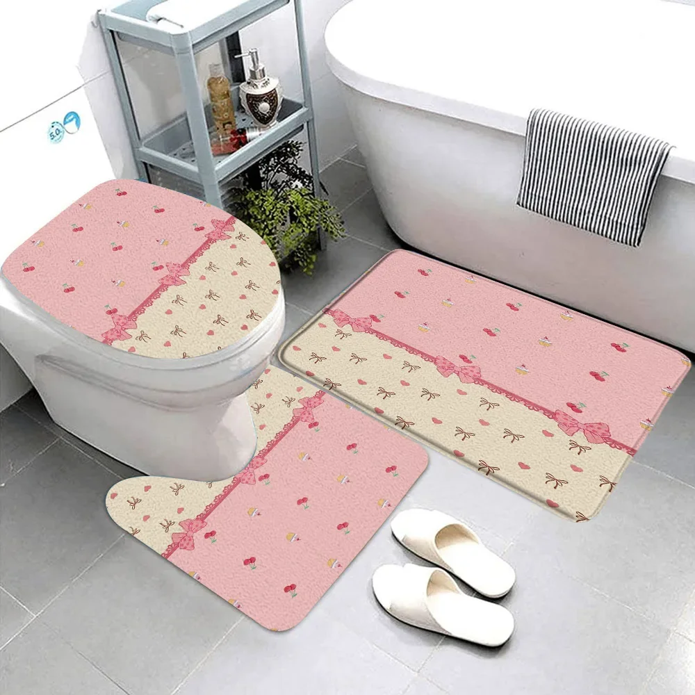 3 Pcs Pretty Pink Bow Bathroom Rug Set Ribbon Stripe Polka Dot Floral Pink Blue Love Gift Bath Mat Toilet Cover Bathroom Decor