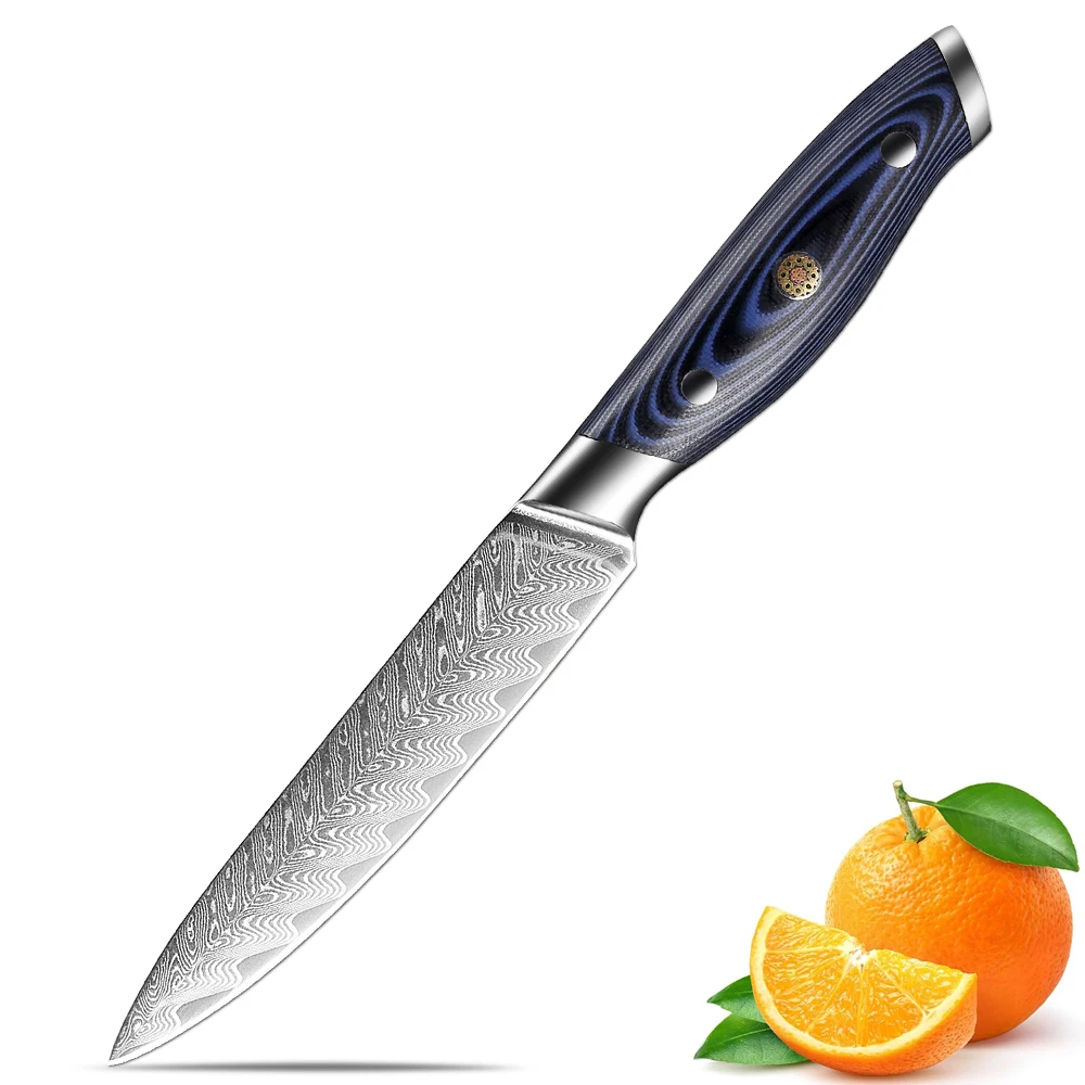

Damascus Steel Utility Knife Paring Knife 5 Inch with Blue G10 Handle Sharp Japanese Kitchen Multi-functional Cutting Chef Knife
