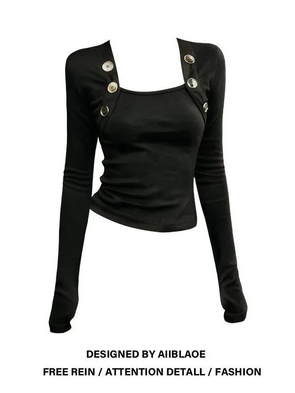 

Женская облегающая базовая футболка больших размеров с винтажными пуговицами спереди, квадратным вырезом, на флисовой подкладке, осенне-зимняя, для ношения под одеждой