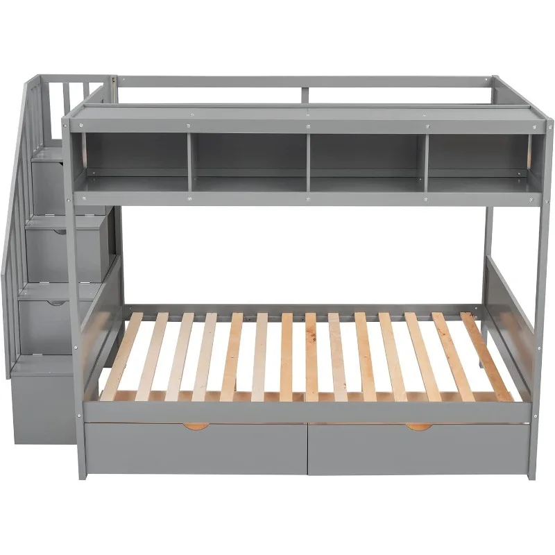 سرير مزدوج بطابقين كامل مع سلالم، إطار من الخشب الصلب مع درجين ورفوف، رمادي
