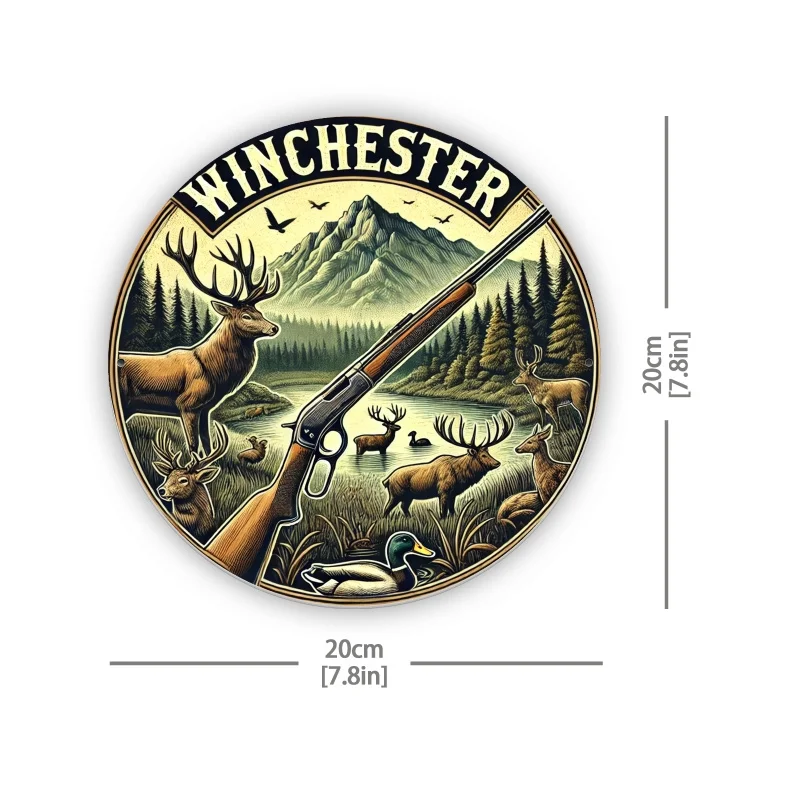 [علامة حائط مستوحاة من الطراز القديم] لافتة حائط مستديرة من الألومنيوم مستوحاة من وينشستر - مشهد صيد ريفي مع غزال وبطة